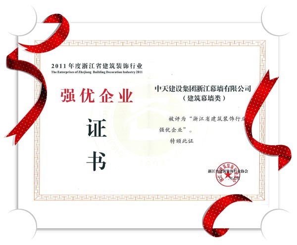 中天幕墻再獲“浙江省建筑裝飾行業(yè)強優(yōu)企業(yè)”榮譽稱號
